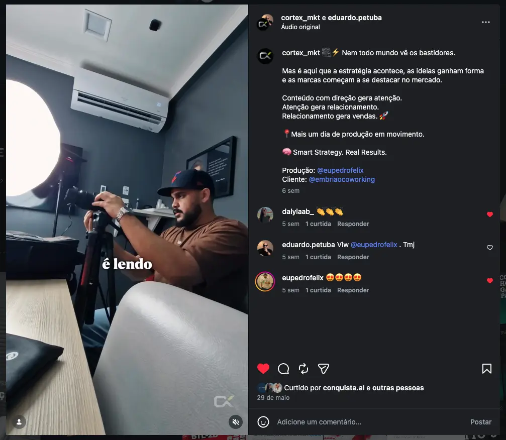 Bastidores reais de produção audiovisual para o Embrião Coworking