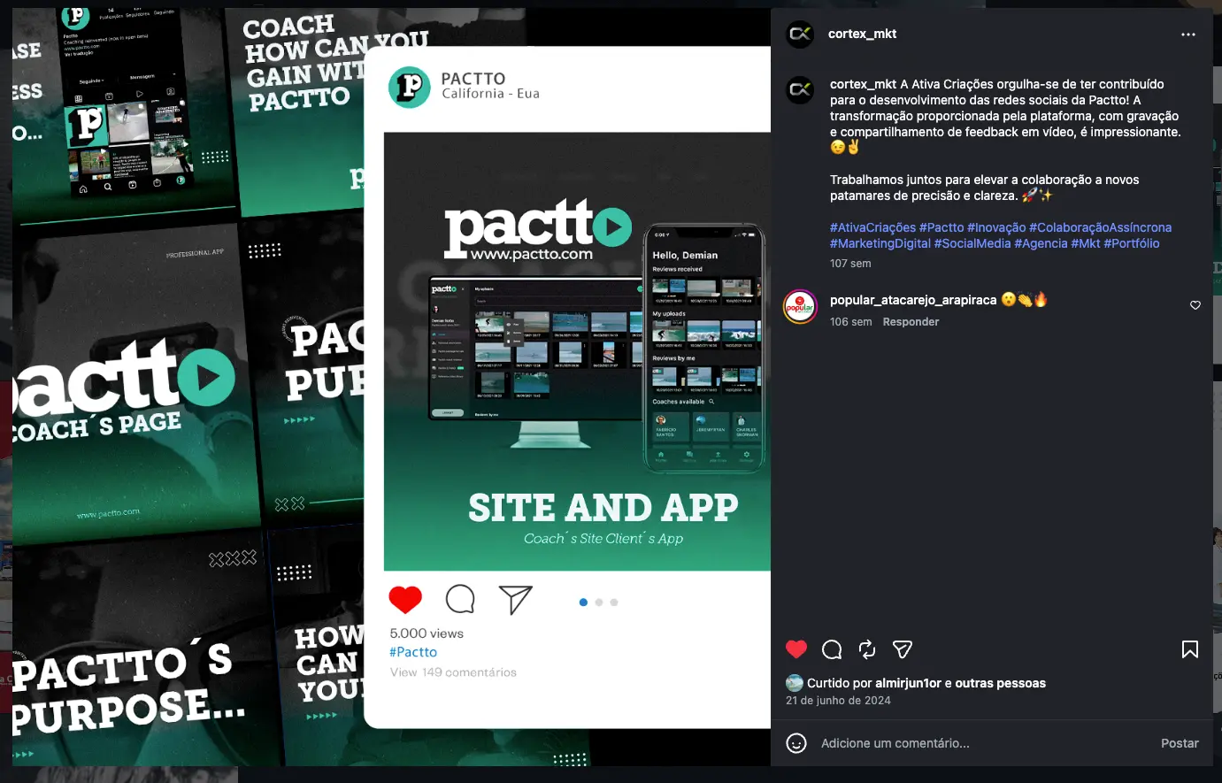 Apresentação real do site, aplicativo e conteúdo digital da plataforma PACTTO